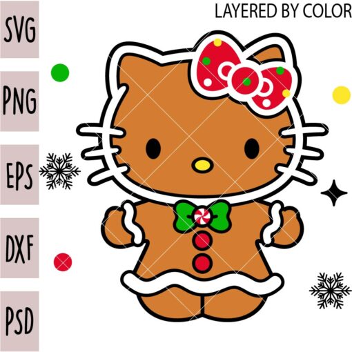 Gingerbread kitten SVG, Christmas kitty SVG, Hello Kitty Gingerbread SVG, Snowflakes Gingerbread Kitty SVG