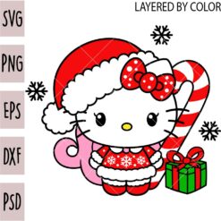 Santa Kitty with candy cane SVG, Christmas Kitten SVG, Hello Kitty with present SVG