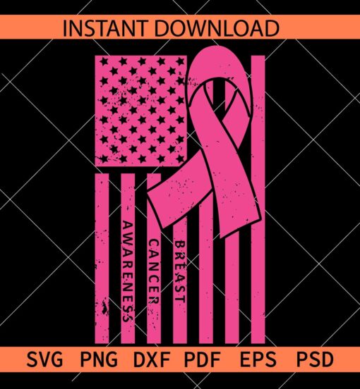 Breast Cancer awareness flag SVG, Cancer Ribbon Flag SVG, Ribbon inside US Flag Breast Cancer Awareness SVG