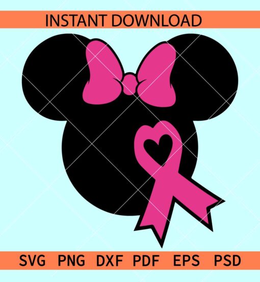 Cancer Awareness Minnie Head SVG, Minnie Head with Pink Ribbon SVG, Disney Head Cancer Ribbon SVG