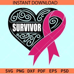 Cancer Ribbon Heart Symbol SVG, Survivor Heart Pink Ribbon SVG, Breast Cancer awareness Ribbon inside heart SVG