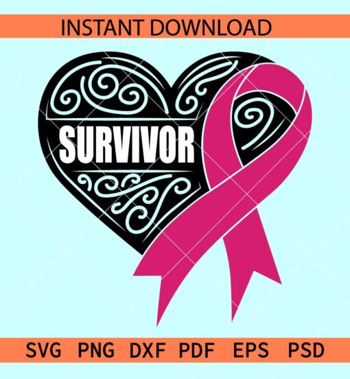 Cancer Ribbon Heart Symbol SVG, Survivor Heart Pink Ribbon SVG, Breast Cancer awareness Ribbon inside heart SVG