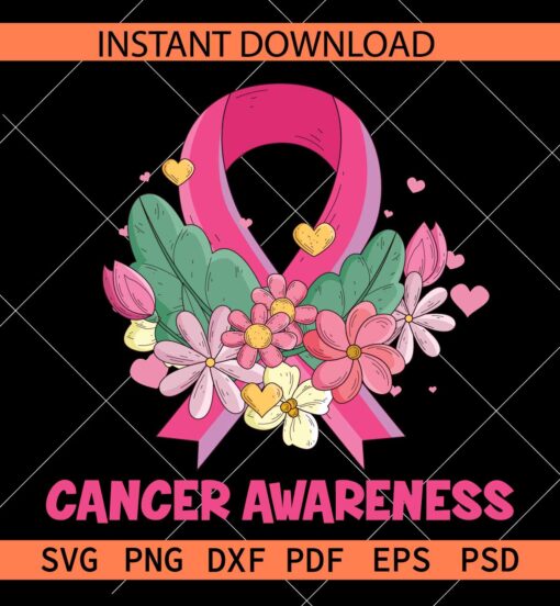 Cancer awareness floral ribbon SVG, Floral Cancer Ribbon SVG, Cancer awareness flowers ribbon SVG