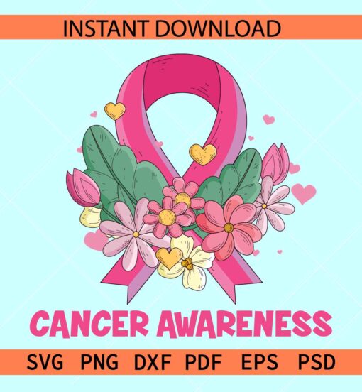 Cancer awareness floral ribbon SVG, Floral Cancer Ribbon SVG, Cancer awareness flowers ribbon SVG
