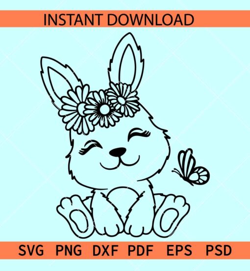 Floral Bunny Sitting SVG, Floral Bunny closing eyes svg, Floral Bunny Sitting butterfly SVG, Floral Easter Bunny SVG