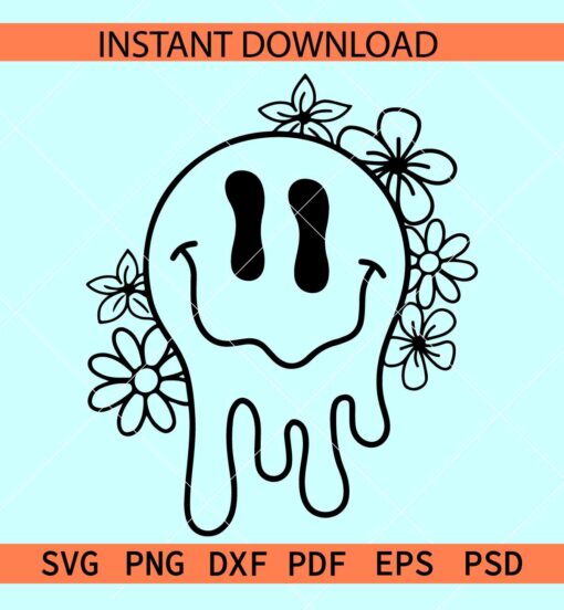 Floral melting smiley face SVG, Melting Happy Face Flowers SVG, Smiley Face Drip SVG