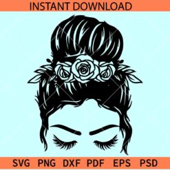 Floral messy bun eye lashes SVG, Messy bun Flowers SVG, Messy bun closing eyes SVG