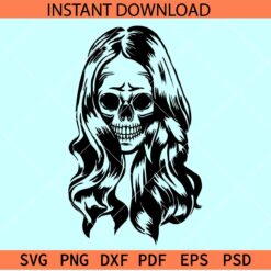 Halloween Skull Smiling SVG, smiling girl skull with hair svg, happy skull SVG, Halloween Girl Skull SVG
