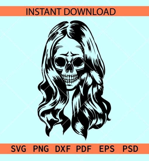 Halloween Skull Smiling SVG, smiling girl skull with hair svg, happy skull SVG, Halloween Girl Skull SVG