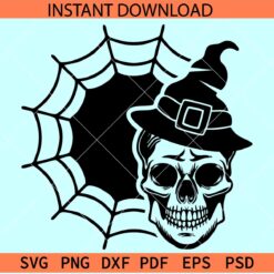 Halloween Skull with witch hat SVG, Halloween Skull Smiling  spiderweb SVG, Skull with spiderweb SVG