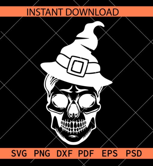 Halloween Skull with witch hat  white SVG, Skull with spiderweb for black background SVG