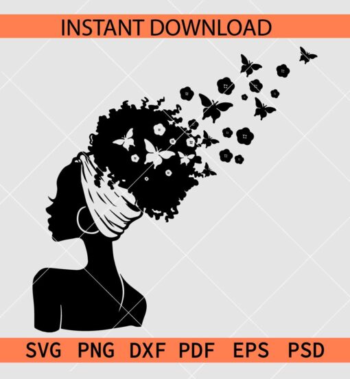 Afro Woman Butterflies SVG, Afro woman with Bandana Butterflies SVG