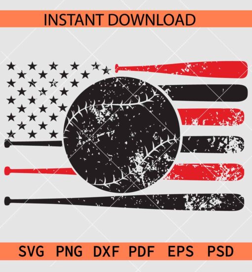 Base Ball Flag Distressed SVG, Patriotic Baseball Ball and Stick SVG, Grunge Baseball Flag SVG