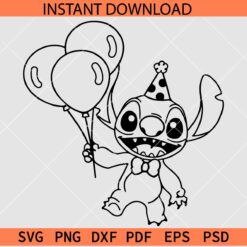 Birthday Stitch Sketch SVG, Stitch with Balloon Outline SVG, Happy Birthday Stitch SVG