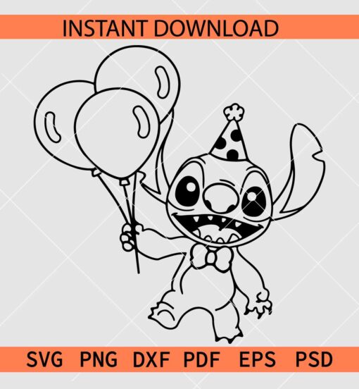 Birthday Stitch Sketch SVG, Stitch with Balloon Outline SVG, Happy Birthday Stitch SVG