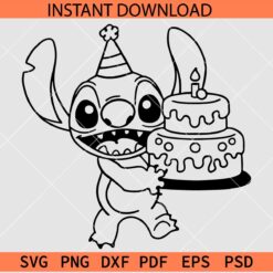 Birthday Stitch Sketch SVG, Stitch with Birthday Cake Outline SVG, Happy Birthday Stitch SVG