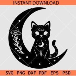 Celestial Moon with cat stencil SVG, Mystical Cat inside Moon SVG, Magical Cat and Moon Vector svg