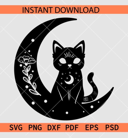 Celestial Moon with cat stencil SVG, Mystical Cat inside Moon SVG, Magical Cat and Moon Vector svg