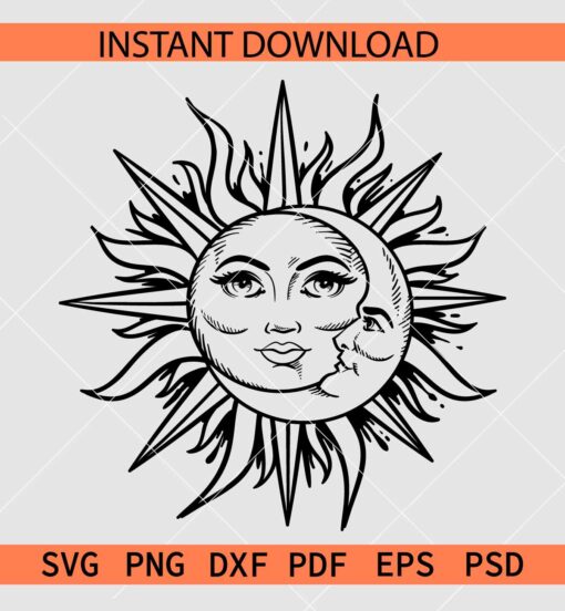 Celestial Sun with man and girl Face SVG, Magical man and woman face inside sun Moon SVG