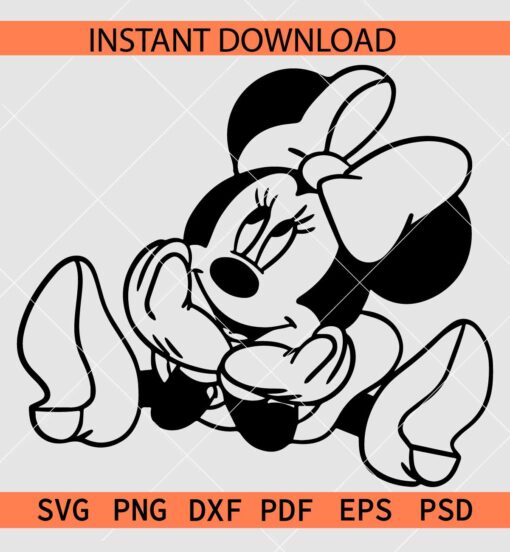 Cute Minnie Mouse Sitting SVG, Minnie with Bow Sketch SVG, Minnie Mouse Coloring Page SVG