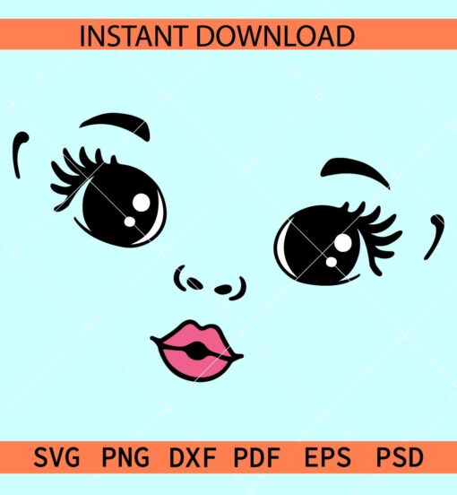 Cute eyes and lips SVG, Girl Lips and eyes SVG, Beautiful girl face SVG, Girl Kiss SVG
