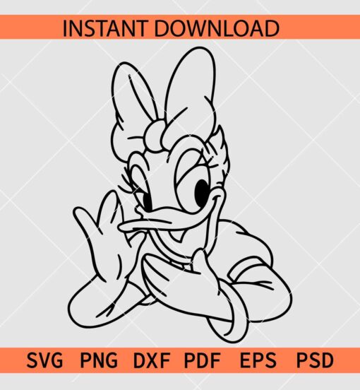 Daisy Duck Waving SVG, Happy Daisy with Bow Line Art SVG, Disney Duck Sketch SVG