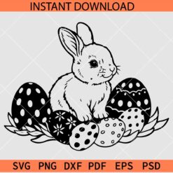 Easter Bunny Sitting on Eggs SVG, Easter Rabbit Eggs Stencil SVG, Floral Easter Bunny and Eggs SVG