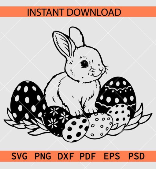 Easter Bunny Sitting on Eggs SVG, Easter Rabbit Eggs Stencil SVG, Floral Easter Bunny and Eggs SVG