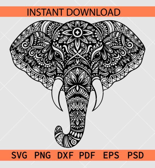 Elephant Mandala SVG, Elephant Head Zentangle SVG, Mandala Zentangle Elephant Head SVG