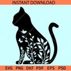 Floral Cat sitting  SVG, Cat Mandala SVG, Cat Flowers SVG, Floral Cat Silhouette SVG