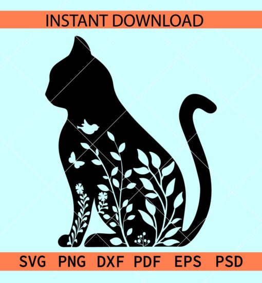 Floral Cat sitting  SVG, Cat Mandala SVG, Cat Flowers SVG, Floral Cat Silhouette SVG