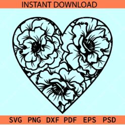Floral Red Heart Sketch SVG, Valentine Heart Symbol Outline SVG, Heart Mandala SVG