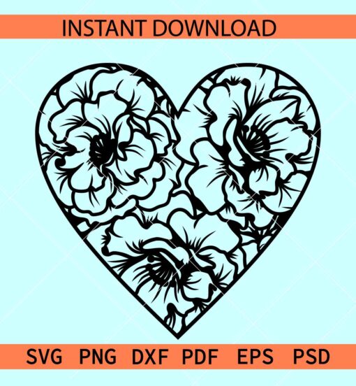 Floral Red Heart Sketch SVG, Valentine Heart Symbol Outline SVG, Heart Mandala SVG