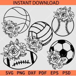 Floral balls Sketch bundle SVG, Sports Balls Flowers Bundle SVG, Floral Basketball Ball Vector SVG