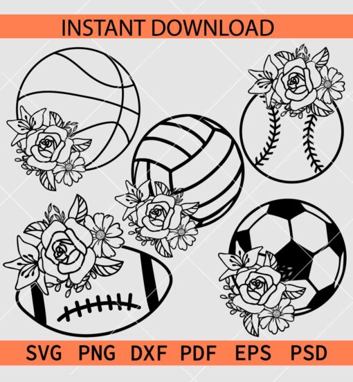 Floral balls Sketch bundle SVG, Sports Balls Flowers Bundle SVG, Floral Basketball Ball Vector SVG
