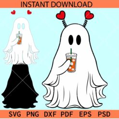 Ghost Drinking Iced Coffee SVG, Valentine Ghost with Heart antennas Svg, Valentines Day Ghost SVG