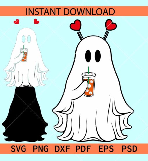 Ghost Drinking Iced Coffee SVG, Valentine Ghost with Heart antennas Svg, Valentines Day Ghost SVG
