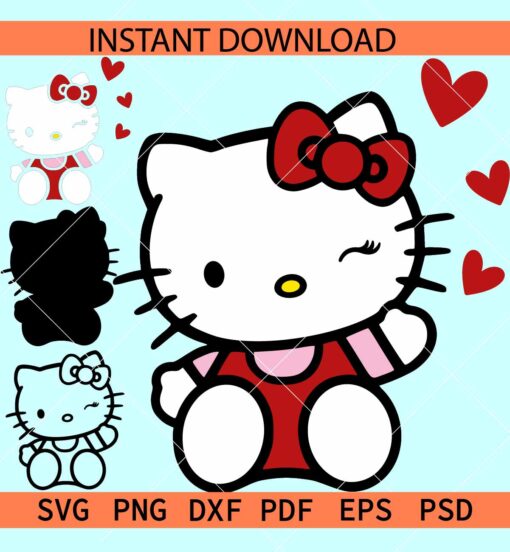 Girl Valentine Kitten with Hearts SVG, Valentine Kitten with Bow SVG, Winking valentine Kitten Layered SVG