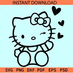 Girl Valentine Kitten with Hearts outline SVG, Hello Kitty with hearts Winking SVG, Valentine Kitten with Bow sketch SVG