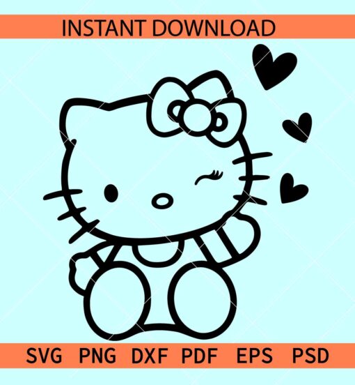 Girl Valentine Kitten with Hearts outline SVG, Hello Kitty with hearts Winking SVG, Valentine Kitten with Bow sketch SVG