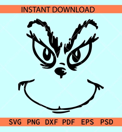 Grinch Sketch Face SVG, Grinch face Outline SVG, Christmas Grinch Face SVG