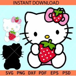 Hello Kitty Strawberry Layered SVG, Kitten Holding Strawberry SVG, Cute Strawberry Cat SVG
