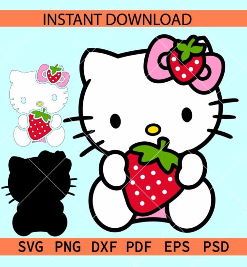 Hello Kitty Strawberry Layered SVG, Kitten Holding Strawberry SVG, Cute Strawberry Cat SVG