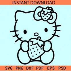 Hello Kitty Strawberry Outline SVG, Kitten Holding Strawberry Sketch SVG, Strawberry Cat SVG
