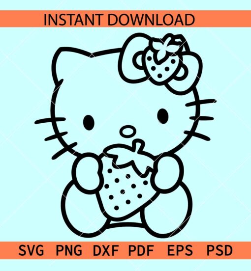 Hello Kitty Strawberry Outline SVG, Kitten Holding Strawberry Sketch SVG, Strawberry Cat SVG