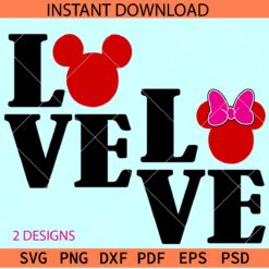 Love Phrase Mickey Minnie Head Hearts Bundle SVG, Minnie Mickey Head Hearts Love Name Bundle SVG