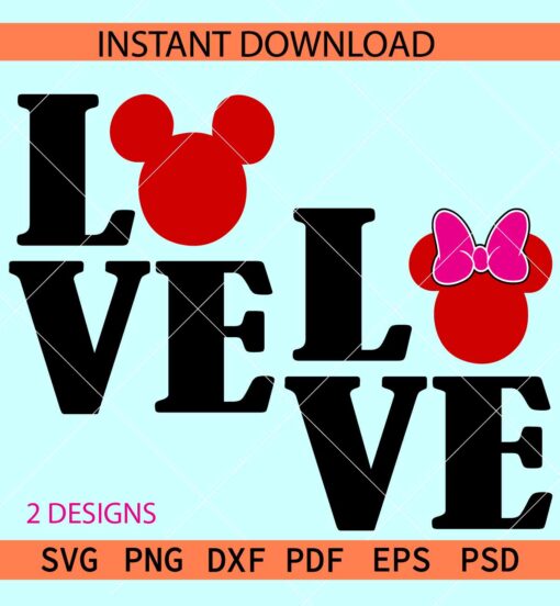 Love Phrase Mickey Minnie Head Hearts Bundle SVG, Minnie Mickey Head Hearts Love Name Bundle SVG