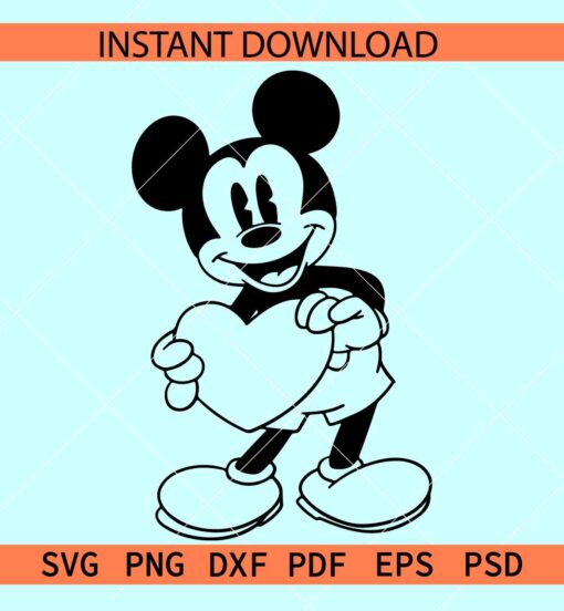Mickey mouse with Heart SVG, Mickey mouse holding heart SVG, Disney Valentine Sketch SVG