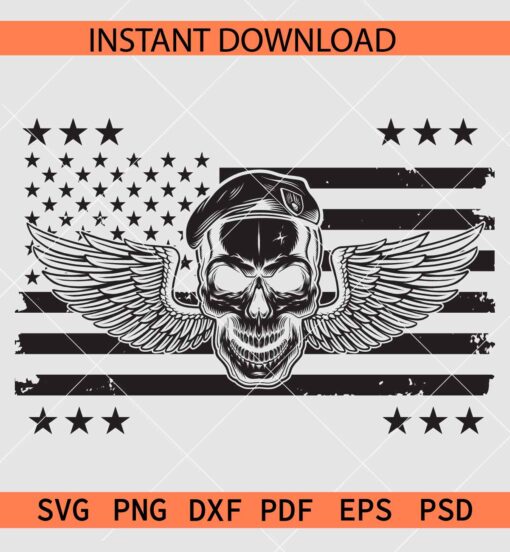 Patriotic skull with angel wings SVG, Army skull inside American Flag SVG