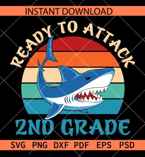 Ready to attack 2nd grade shark svg, Second Grade Shark SVG, Shark in retro circle 2nd Grade SVG